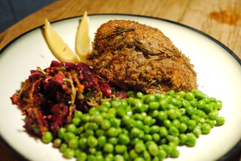 Baked Breaded Rosemary Lemon Chicken, served with a marinated minced vegetable salad and buttered peas (low-amine, gluten-free, soy-free, dairy-free, nut-free, tomato-free) photo