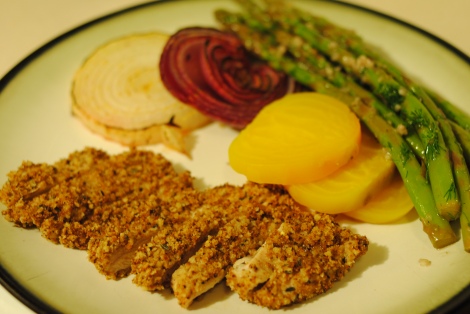 Breaded baked chicken cutlets, served with steamed golden beets, sour broiled onions, and garlic dill asparagus (low-amine, gluten-free, soy-free, dairy-free, nut-free, fish-free, tomato-free) photo